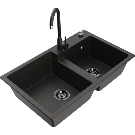 Mexen Tomas granite kitchen sink 2-bowl with Telma kitchen faucet, black/gold metallic - 6516-75-670200-70-B