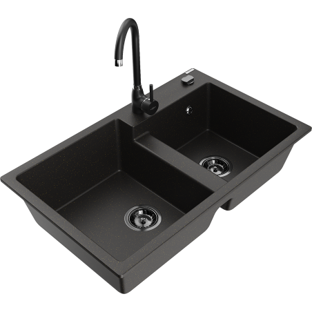 Mexen Tomas granite kitchen sink 2-bowl with Telma kitchen tap, black/gold metallic - 6516-75-670200-70-B
