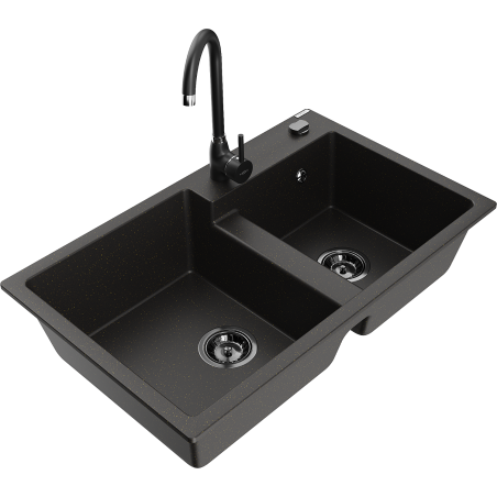 Mexen Tomas granite kitchen sink 2-chamber with Telma kitchen faucet, black/gold metallic - 6516-75-670200-70-B