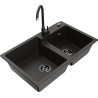 Mexen Tomas granite kitchen sink 2-bowl with Telma kitchen faucet, black/gold metallic - 6516-75-670200-70-B