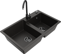 Mexen Tomas granite kitchen sink 2-bowl with Telma kitchen tap, black/gold metallic - 6516-75-670200-70-B