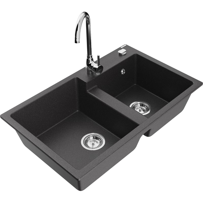 Mexen Tomas 2-bowl granite sink with Telma kitchen faucet, black speckled - 6516-76-670200-00