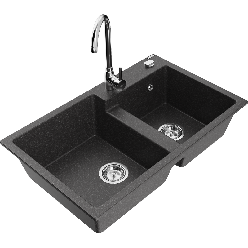 Mexen Tomas 2-compartment granite sink with a kitchen mixer tap Telma, spotted black - 6516-76-670200-00