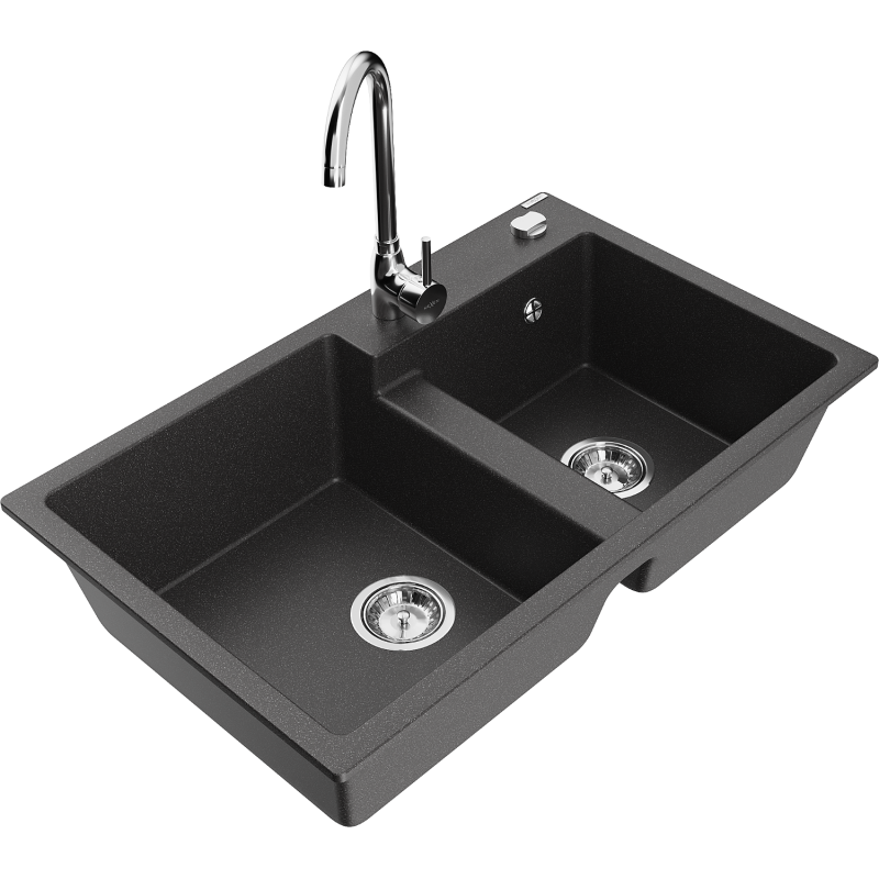 Mexen Tomas granite sink 2-chamber with Telma kitchen tap, black speckled - 6516-76-670200-00