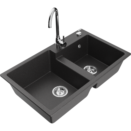 Mexen Tomas 2-bowl granite sink with Telma kitchen faucet, black speckled - 6516-76-670200-00