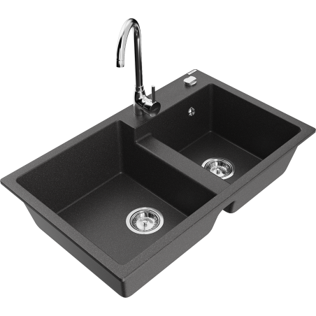Mexen Tomas granite kitchen sink 2-chamber with Telma kitchen faucet, black speckled - 6516-76-670200-00