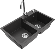 Mexen Tomas granite kitchen sink 2-chamber with Telma kitchen faucet, black speckled - 6516-76-670200-00