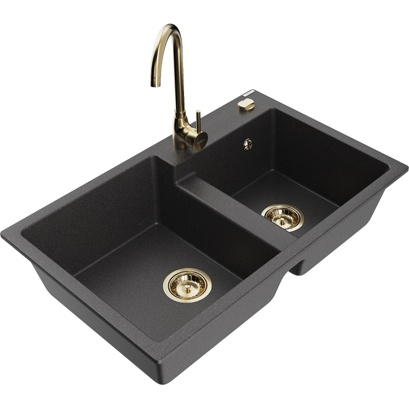 Mexen Tomas 2-compartment granite sink with a kitchen mixer tap Telma, spotted black - 6516-76-670200-50