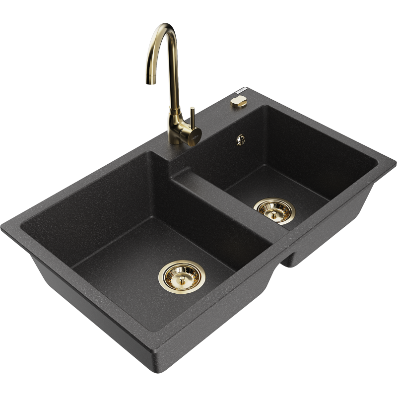 Mexen Tomas granite 2-bowl sink with Telma kitchen tap, black speckled - 6516-76-670200-50
