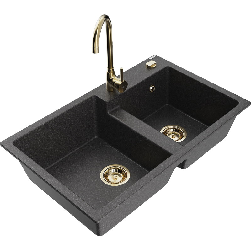 Mexen Tomas granite kitchen sink 2-chamber with Telma kitchen faucet, black speckled - 6516-76-670200-50