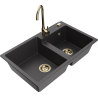Mexen Tomas granite 2-bowl sink with Telma kitchen tap, black speckled - 6516-76-670200-50