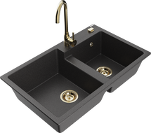 Mexen Tomas granite 2-bowl sink with Telma kitchen tap, black speckled - 6516-76-670200-50