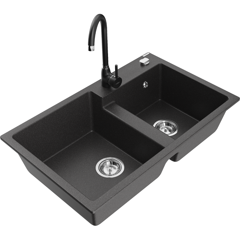 Mexen Tomas 2-compartment granite sink with a kitchen mixer tap Telma, spotted black - 6516-76-670200-70