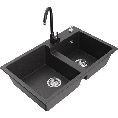 Mexen Tomas 2-bowl granite sink with Telma kitchen faucet, speckled black - 6516-76-670200-70