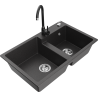 Mexen Tomas 2-bowl granite sink with Telma kitchen faucet, speckled black - 6516-76-670200-70