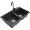 Mexen Tomas 2-bowl granite sink with Telma kitchen faucet, spotted black - 6516-76-670200-70