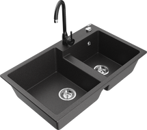 Mexen Tomas 2-bowl granite sink with Telma kitchen faucet, spotted black - 6516-76-670200-70