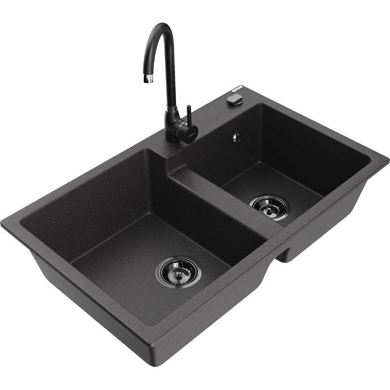Mexen Tomas 2-compartment granite sink with a kitchen mixer tap Telma, spotted black - 6516-76-670200-70-B