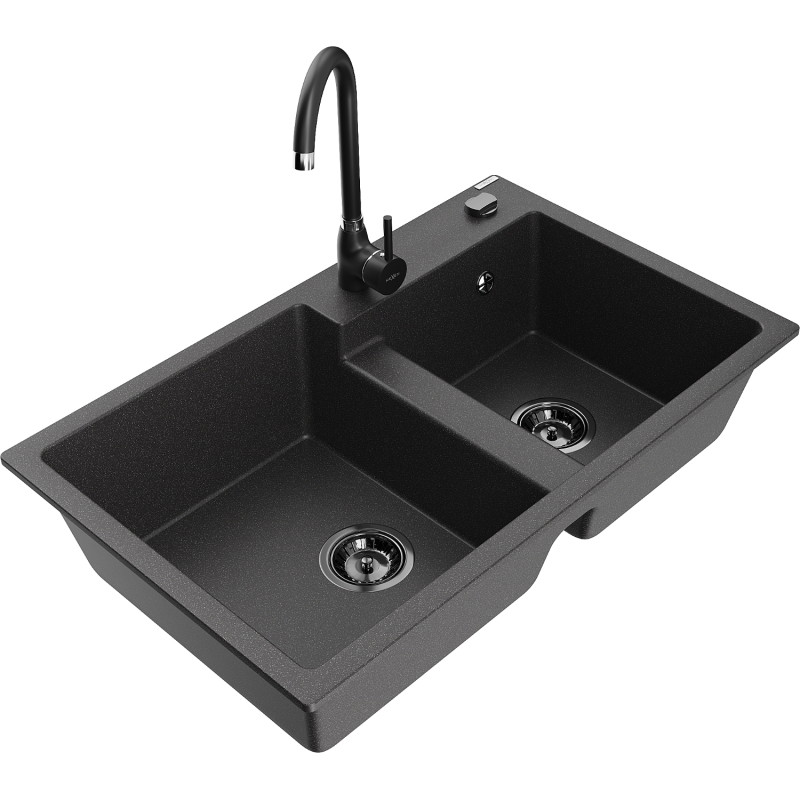 Mexen Tomas granite double-bowl sink with Telma kitchen faucet, speckled black - 6516-76-670200-70-B