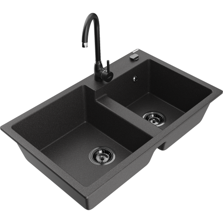 Mexen Tomas granite double-bowl sink with Telma kitchen faucet, speckled black - 6516-76-670200-70-B