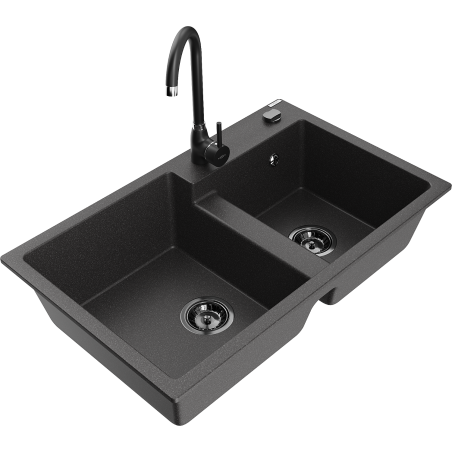 Mexen Tomas granite sink 2-bowl with Telma kitchen tap, black speckled - 6516-76-670200-70-B