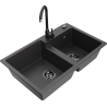 Mexen Tomas granite double-bowl kitchen sink with Telma faucet, black speckled - 6516-76-670200-70-B