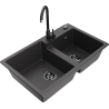 Mexen Tomas granite double-bowl sink with Telma kitchen faucet, speckled black - 6516-76-670200-70-B