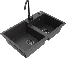 Mexen Tomas granite double-bowl sink with Telma kitchen faucet, speckled black - 6516-76-670200-70-B