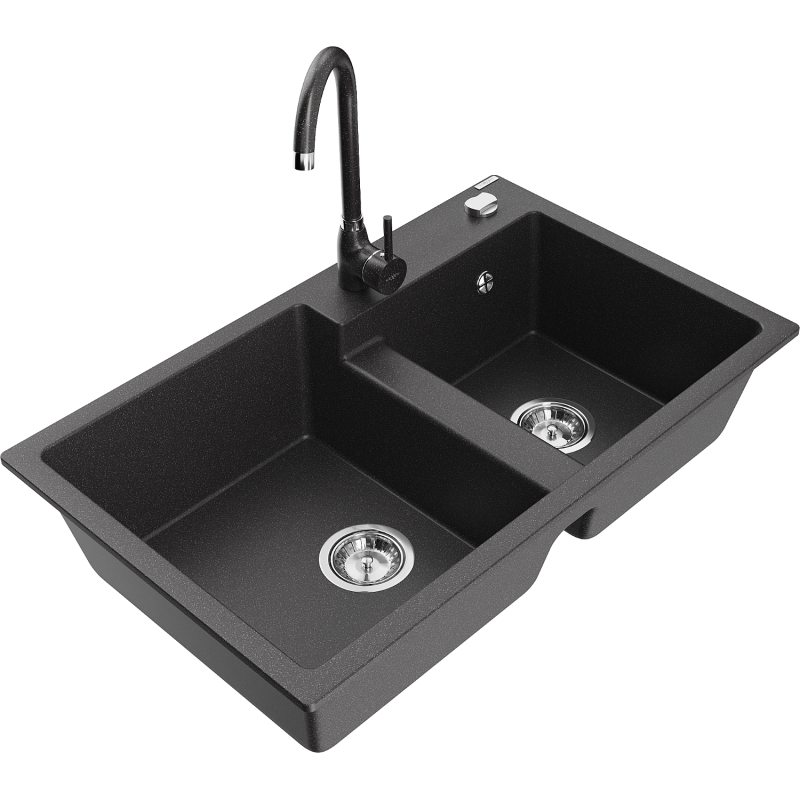 Mexen Tomas granite sink 2-bowl with Telma kitchen mixer, black speckled - 6516-76-670200-76