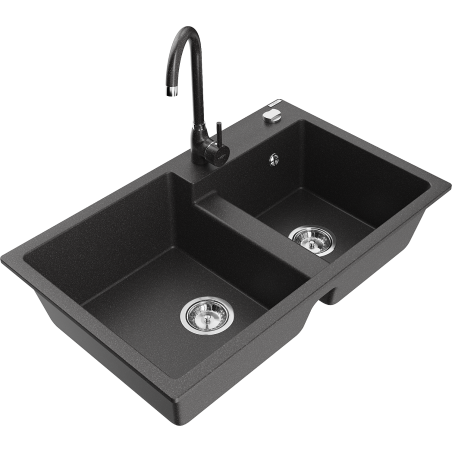 Mexen Tomas granite double-bowl sink with Telma kitchen faucet, black speckled - 6516-76-670200-76