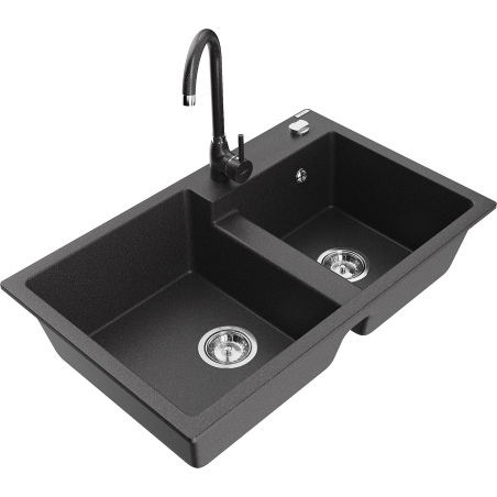 Mexen Tomas granite sink 2-bowl with Telma kitchen mixer, black speckled - 6516-76-670200-76