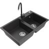 Mexen Tomas granite double-bowl sink with Telma kitchen faucet, black speckled - 6516-76-670200-76