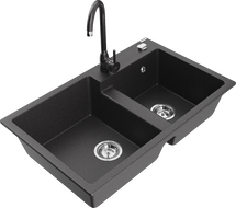 Mexen Tomas granite double-bowl sink with Telma kitchen faucet, black speckled - 6516-76-670200-76