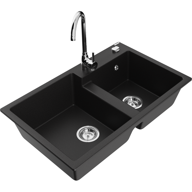 Mexen Tomas 2-bowl granite sink with Telma kitchen tap, black - 6516-77-670200-00