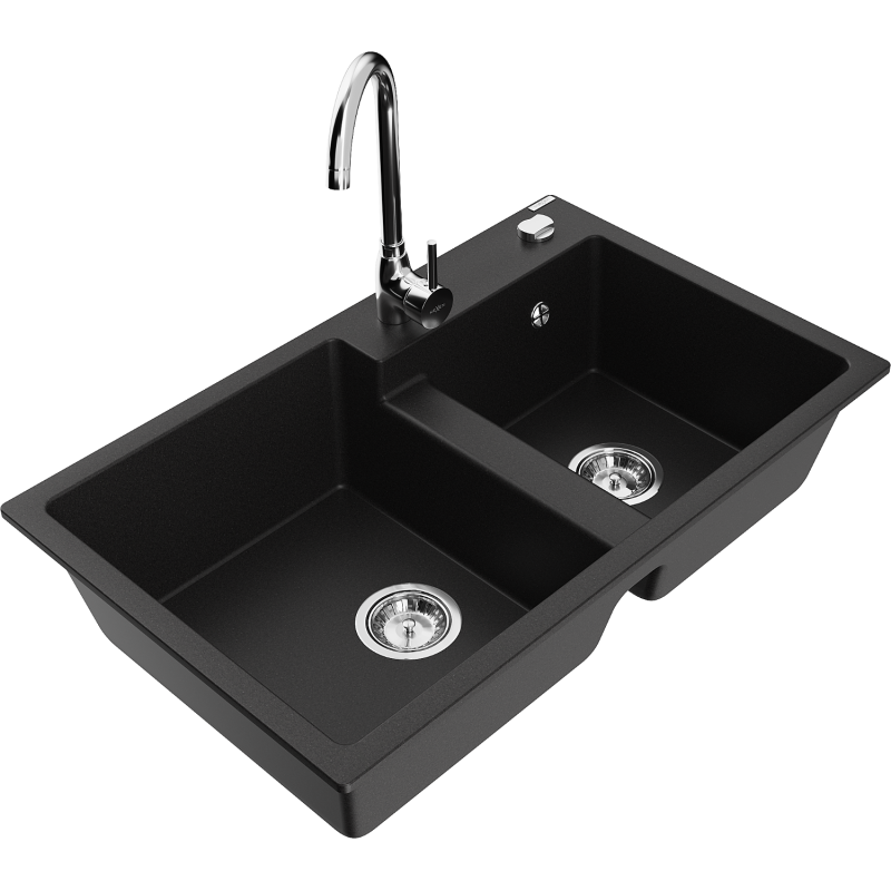 Mexen Tomas 2-compartment granite sink with a kitchen mixer tap Telma, Black - 6516-77-670200-00