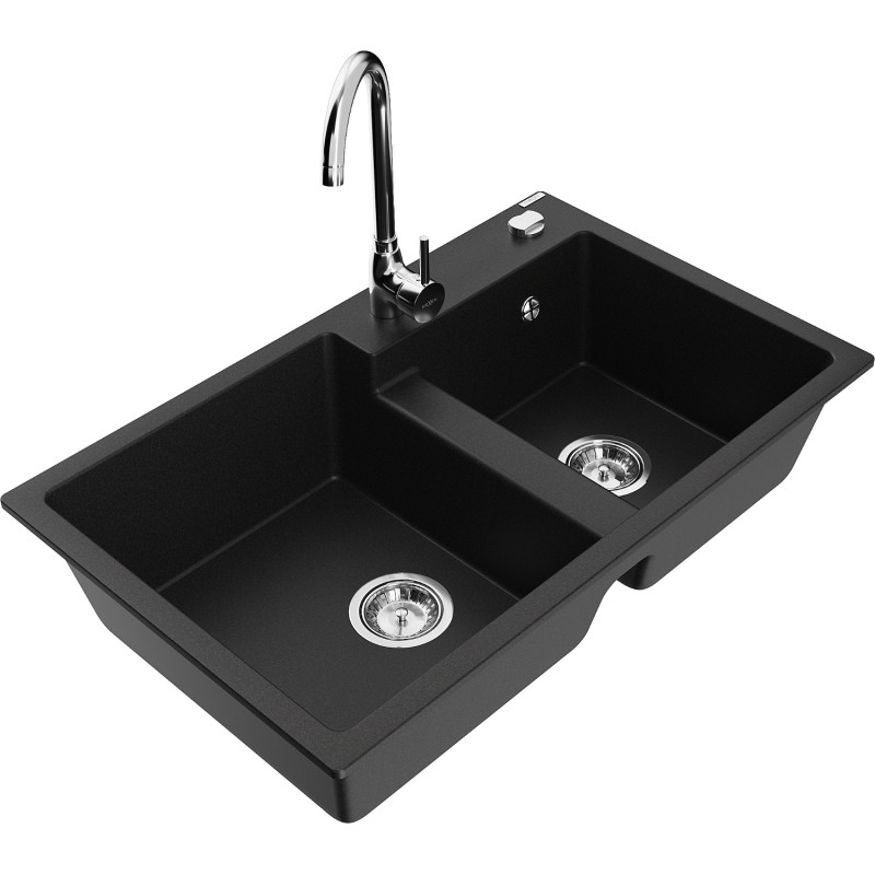 Mexen Tomas granite double-bowl sink with Telma kitchen faucet, black - 6516-77-670200-00