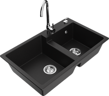 Mexen Tomas granite double-bowl sink with Telma kitchen faucet, black - 6516-77-670200-00