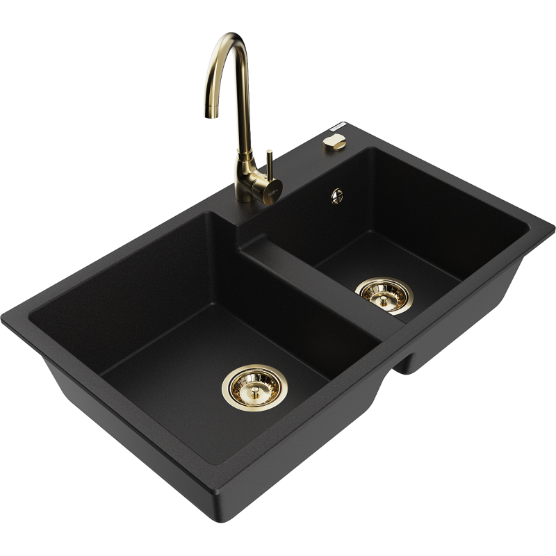 Mexen Tomas granite sink 2-bowl with Telma kitchen tap, black - 6516-77-670200-50