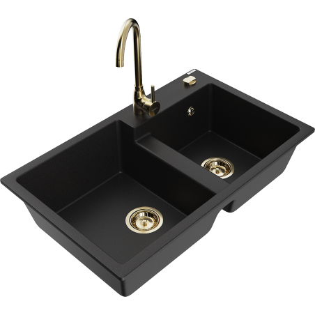 Mexen Tomas 2-bowl granite sink with Telma kitchen faucet, black - 6516-77-670200-50
