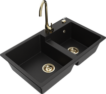 Mexen Tomas granite double-bowl sink with Telma kitchen faucet, black - 6516-77-670200-50
