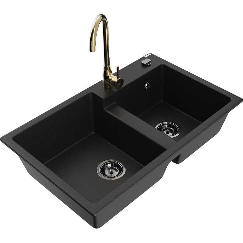 Mexen Tomas granite kitchen sink 2-chamber with Telma kitchen faucet, black - 6516-77-670200-50-B
