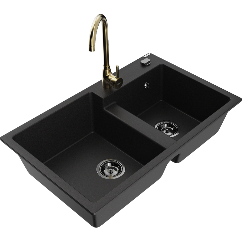Mexen Tomas granite sink 2-bowl with Telma kitchen tap, black - 6516-77-670200-50-B