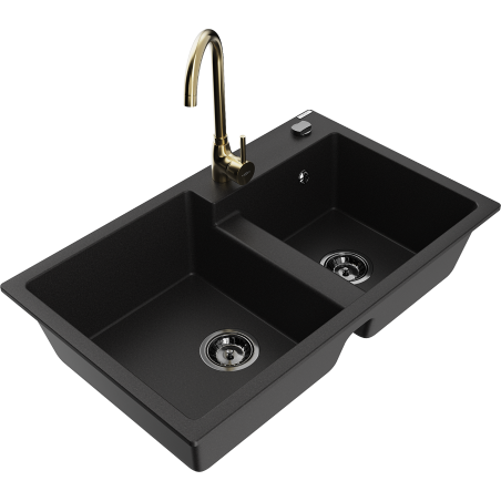 Mexen Tomas granite kitchen sink 2-chamber with Telma kitchen faucet, black - 6516-77-670200-50-B