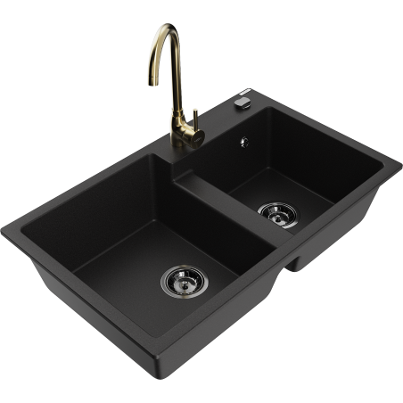 Mexen Tomas granite sink 2-bowl with Telma kitchen tap, black - 6516-77-670200-50-B