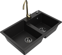 Mexen Tomas granite double-bowl sink with Telma kitchen faucet, black - 6516-77-670200-50-B