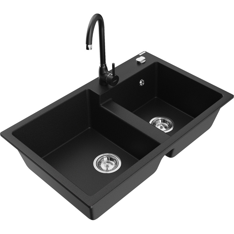 Mexen Tomas 2-chamber granite sink with Telma kitchen faucet, black - 6516-77-670200-70