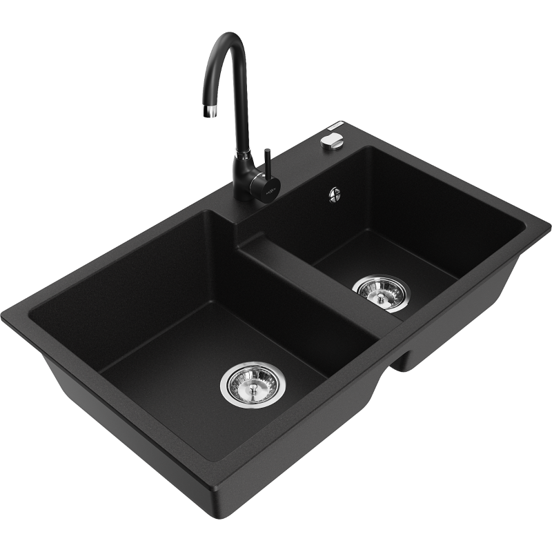 Mexen Tomas granite sink 2-bowl with Telma kitchen tap, black - 6516-77-670200-70