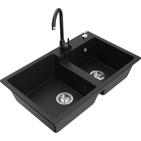 Mexen Tomas 2-chamber granite sink with Telma kitchen faucet, black - 6516-77-670200-70