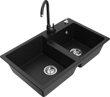 Mexen Tomas 2-bowl granite sink with Telma kitchen faucet, black - 6516-77-670200-70