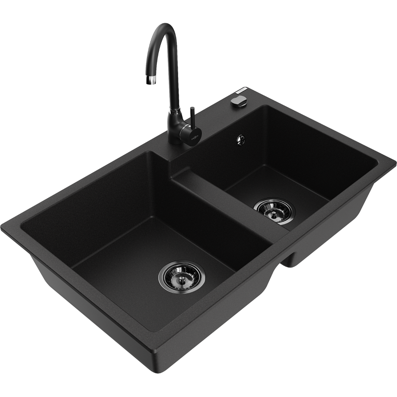 Mexen Tomas 2-compartment granite sink with a kitchen mixer tap Telma, Black - 6516-77-670200-70-B